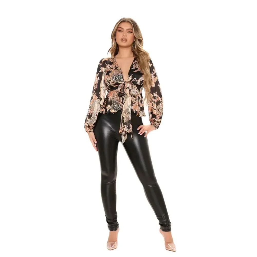 NEW Fashion Nova Blouse S Black Gold Equestrian‎ Paisely Babydoll Puff Sleeve